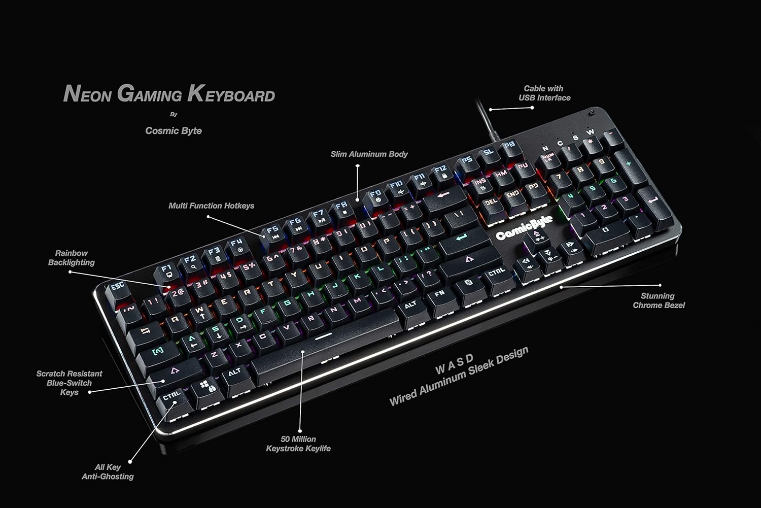 Cosmic Byte CB-GK-12 Neon Rainbow Mechanical Gaming Keyboard – 104 Keys, Blue Switch, Rainbow Backlit - Image 3